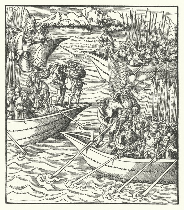 Navi che trasportano soldati tedeschi e francesi al largo di Livorno, Italia da Hans (after) Burgkmair