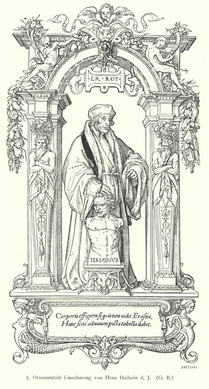 Ritratto dello studioso umanista rinascimentale olandese Desiderius Erasmus con cornice ornamentale da Hans (after) Holbein the Younger