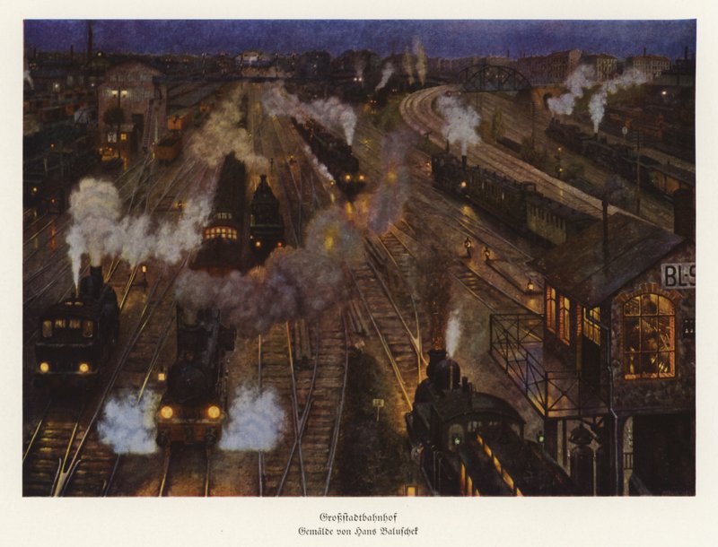 Stazione ferroviaria di una grande città (litografia a colori) da Hans Baluschek