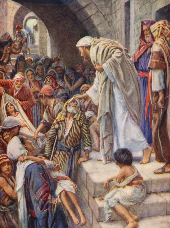 Nuovo Testamento: Guarigione dei malati (litografia a colori) da Harold Copping