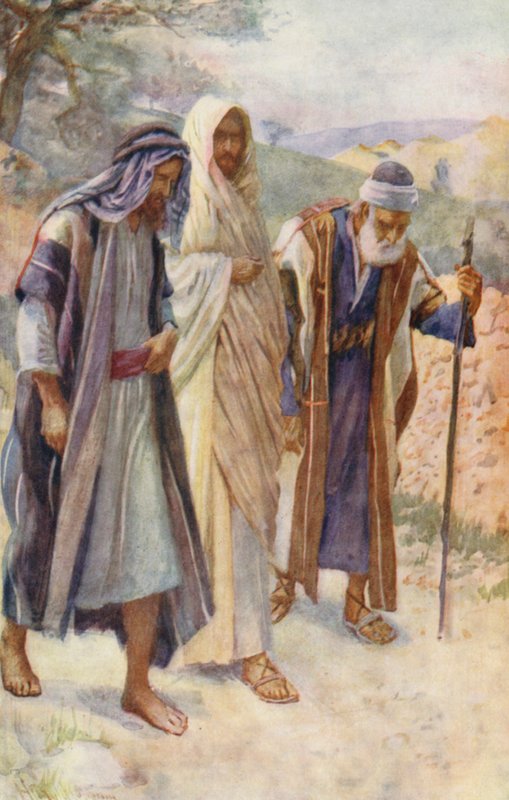 Nuovo Testamento: La passeggiata verso Emmaus (litografia a colori) da Harold Copping