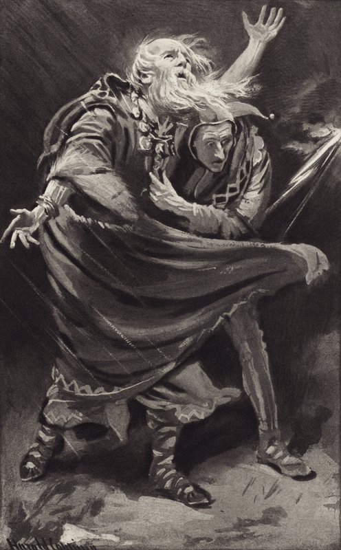 Su una brughiera, esposto alla furia della tempesta in una notte buia, vagava il re Lear? da Harold Copping
