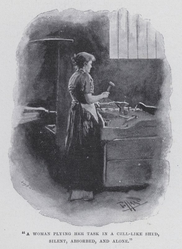 "Una donna che svolge il suo compito in una capanna simile a una cella, silenziosa, assorbita e sola" da Harold Hume Piffard