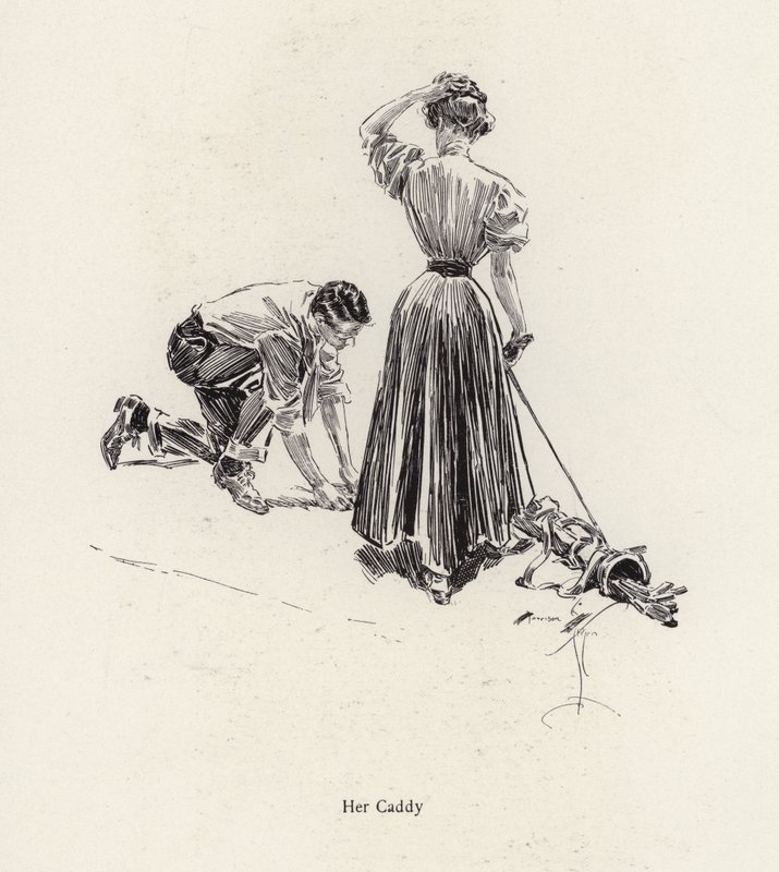 Uomo che fa da caddie a una donna sul campo da golf da Harrison Fisher