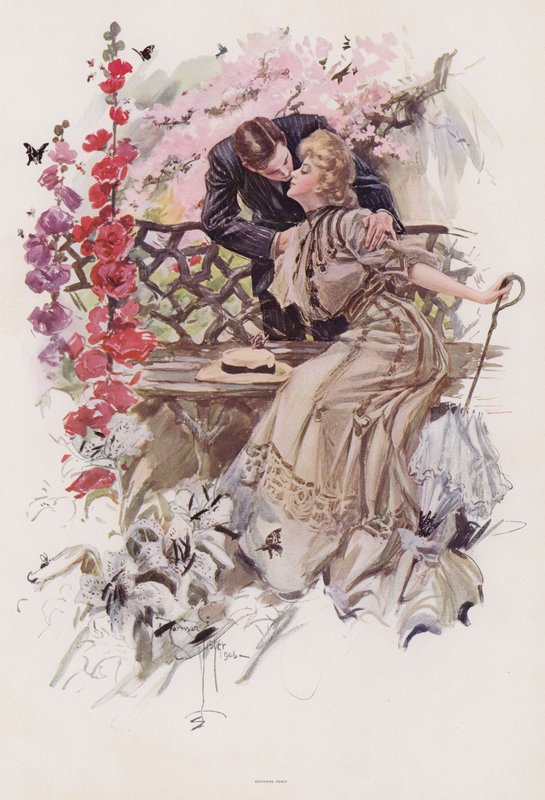 Uomo che bacia una donna in un giardino da Harrison Fisher