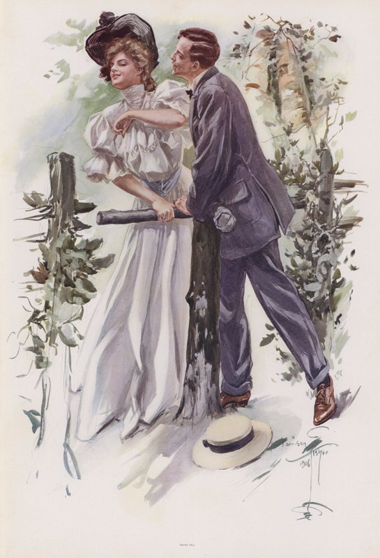 Uomo che cerca di rubare un bacio a una giovane donna da Harrison Fisher