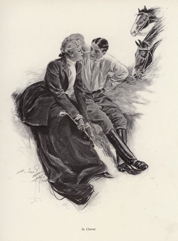 Coppia romantica che fa una pausa durante una cavalcata da Harrison Fisher