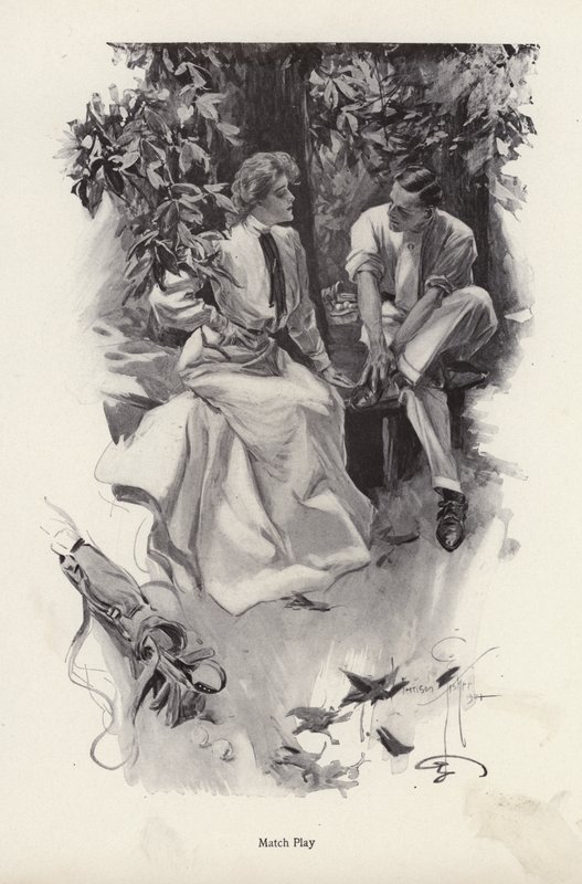 Coppia romantica che fa una pausa dal loro gioco di golf (litografia) da Harrison Fisher