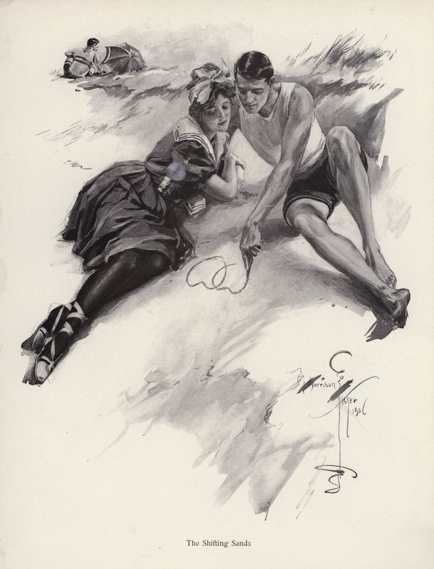 Due innamorati che disegnano cuori nella sabbia sulla spiaggia da Harrison Fisher
