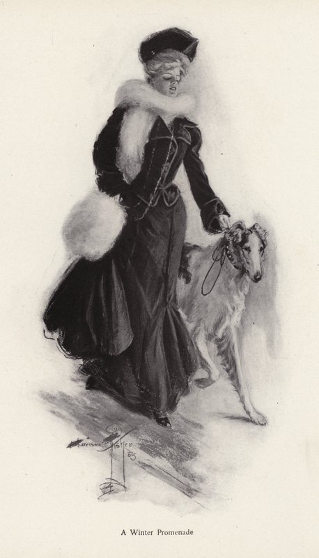 Donna che passeggia con il suo cane collie in inverno da Harrison Fisher
