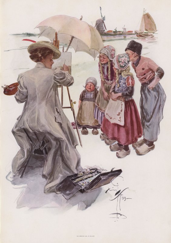 Giovane donna americana che dipinge una scena olandese da Harrison Fisher