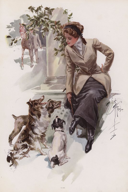 Giovane donna nel suo abito da equitazione seduta con i suoi cani da Harrison Fisher
