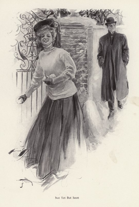 Giovane donna in attesa di lanciare palle di neve a un uomo da Harrison Fisher