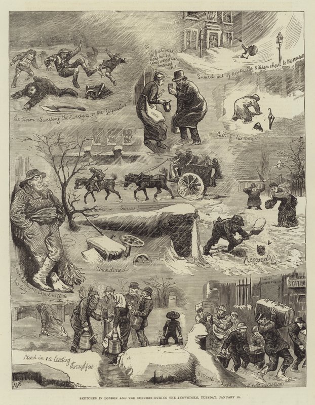 Schizzi a Londra e nei sobborghi durante la nevicata, martedì 18 gennaio da Harry Furniss