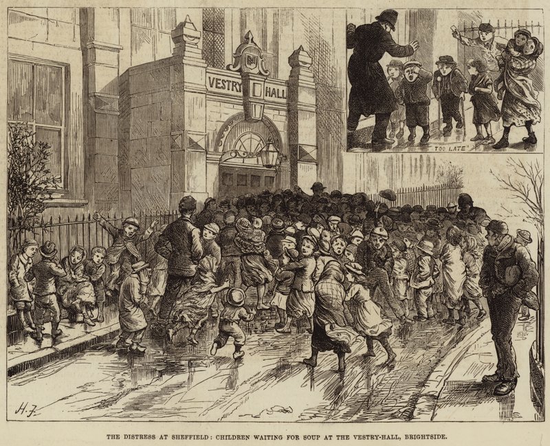 La miseria a Sheffield, bambini in attesa della zuppa alla Vestry-Hall, Brightside da Harry Furniss