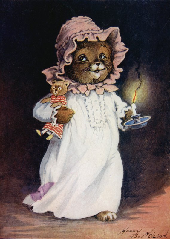 Gatto in camicia da notte, con una candela e un gatto di peluche, che va a letto da Harry B Neilson