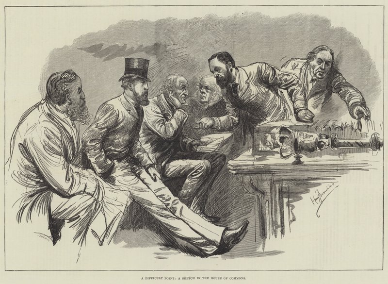 Un punto difficile, uno schizzo nella Camera dei Comuni da Harry Furniss
