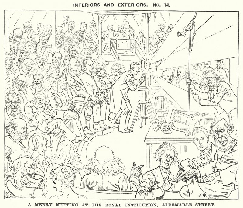 Cartone animato Punch: Un incontro allegro alla Royal Institution, Albemarle Street, Londra (incisione) da Harry Furniss