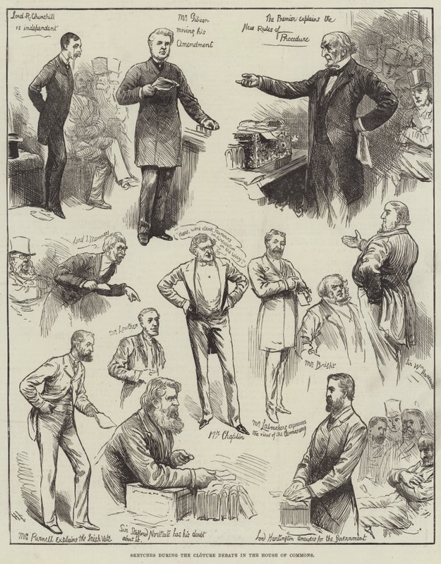 Schizzi durante il dibattito sulla chiusura alla Camera dei Comuni da Harry Furniss