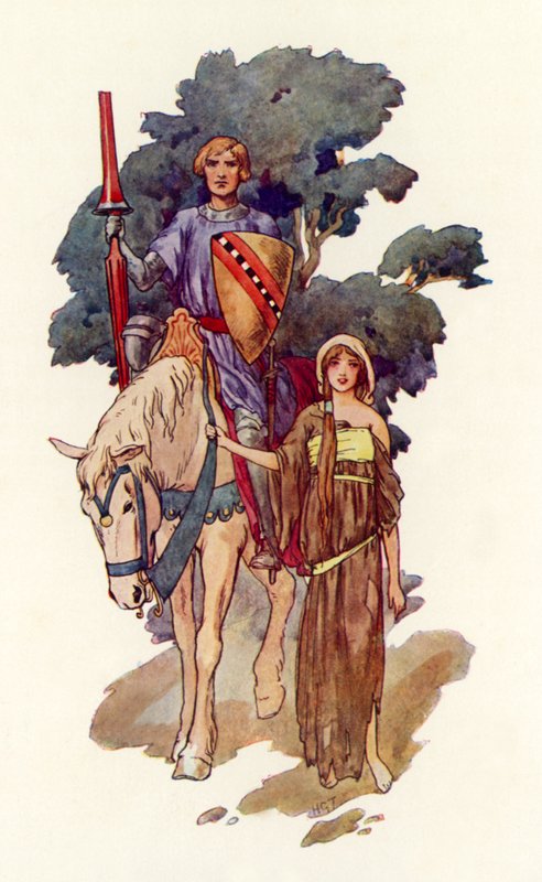 Un cavaliere con al fianco una fanciulla vestita di stracci (litografia a colori) da Harry George Theaker