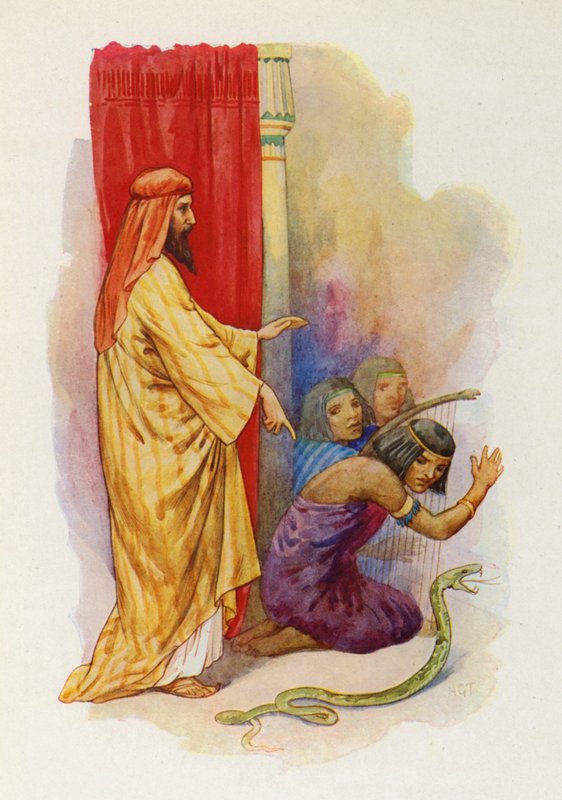 Il bastone di Aronne cadde a terra sotto forma di serpente vivo (litografia a colori) da Harry George Theaker