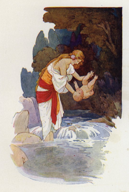 Achille mentre Teti immerge il bambino, tenendolo per un tallone (litografia a colori) da Harry George Theaker