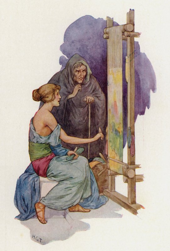 Aracne sta per essere trasformata in ragno da una Minerva mascherata (litografia a colori) da Harry George Theaker