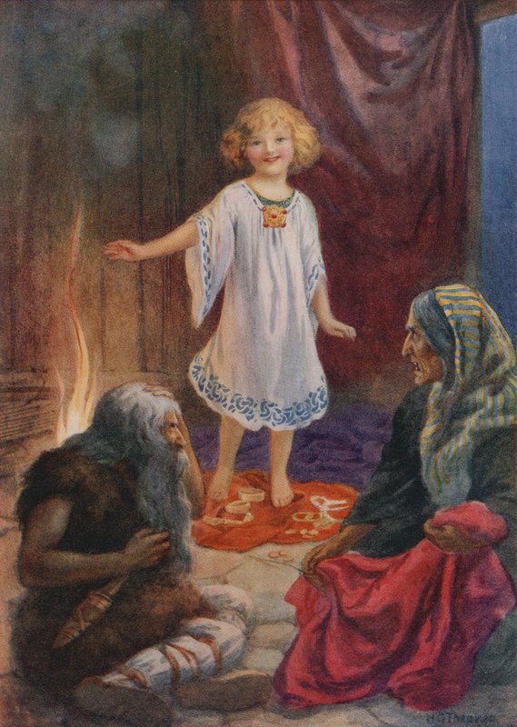 Aslaug, Aki e Grima, da "Ragnar Lodbrog" (litografia a colori) da Harry George Theaker