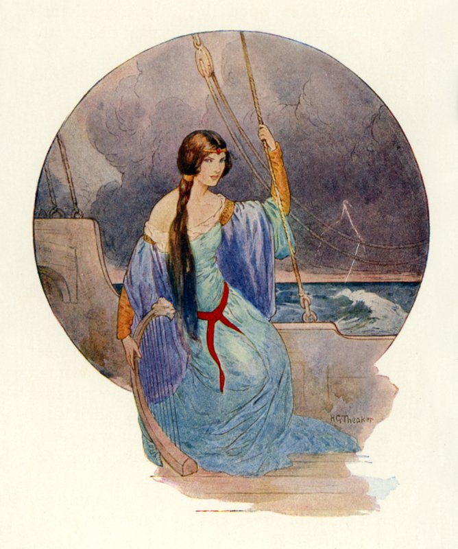"Infine, mentre un vivido lampo avvolgeva tutta la nave di fiamme blu, il canto cessò improvvisamente" (litografia a colori). da Harry George Theaker