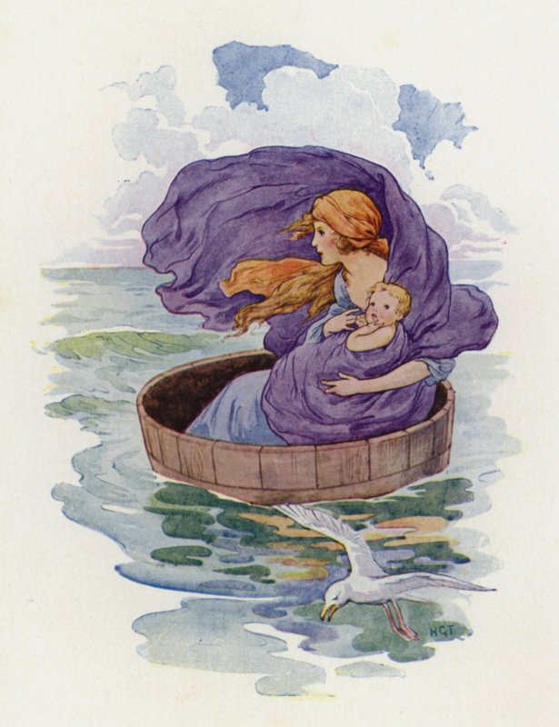 Danae e il suo figlioletto sono partiti (litografia a colori) da Harry George Theaker