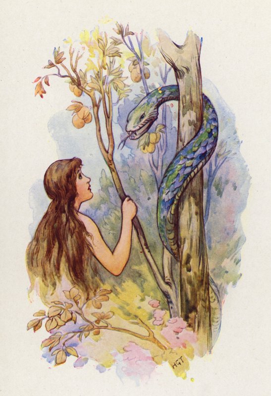 Eva guardava meravigliata il Serpente (litografia a colori) da Harry George Theaker