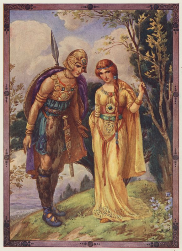 "Dammi il permesso di essere il tuo spasimante", Il principe di Dyfed (litografia a colori) da Harry George Theaker