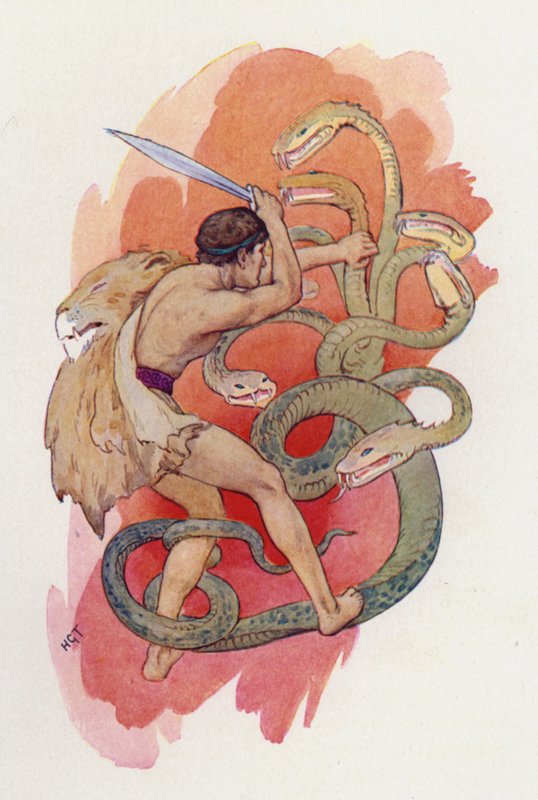 Ercole e il serpente a sette teste (litografia a colori) da Harry George Theaker