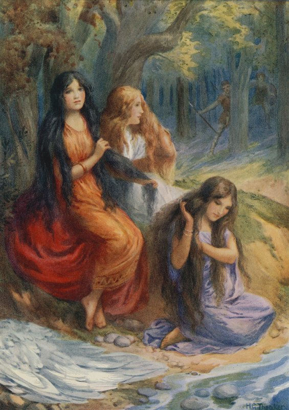 Hladgrun, Olrun e Alvit, da "Wayland the Smith" (litografia a colori) da Harry George Theaker