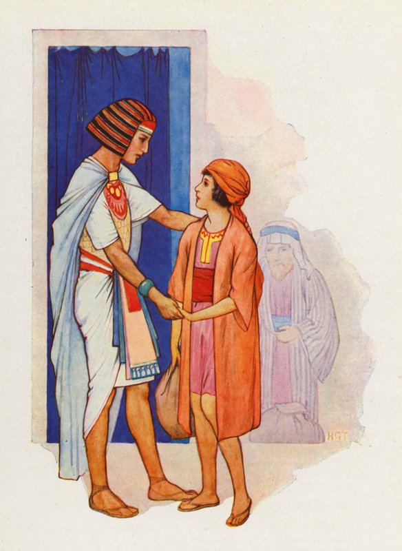 Giuda portò Beniamino e lo presentò a Giuseppe (litografia a colori) da Harry George Theaker
