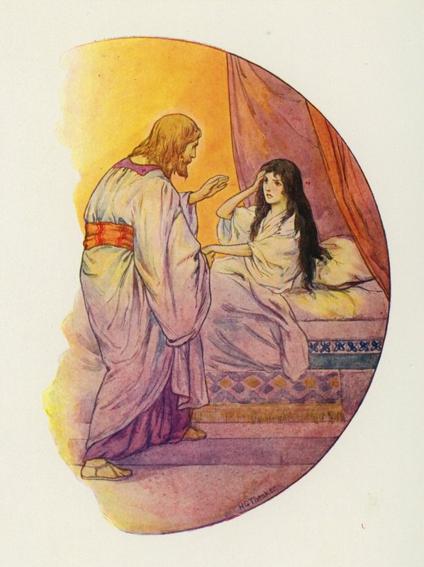 "Bambina", disse, "alzati!". (litografia a colori) da Harry George Theaker