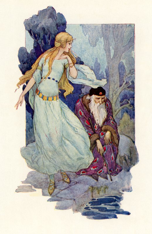 Merlino stregato mentre la fata canta (litografia a colori) da Harry George Theaker