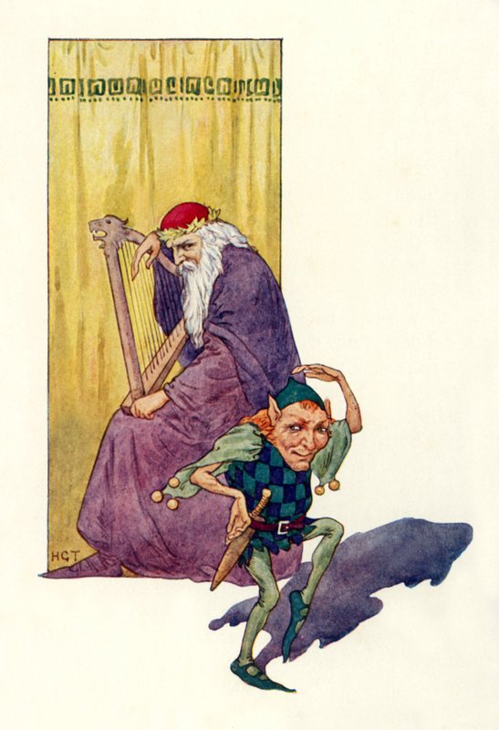 Menestrelli e nani intrattengono il re (litografia a colori) da Harry George Theaker