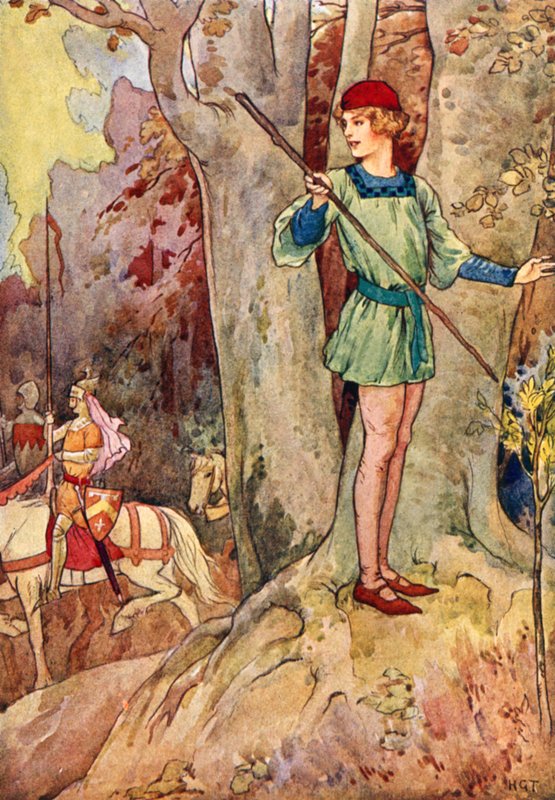 Perceval scorge tre cavalieri della Tavola Rotonda (litografia a colori) da Harry George Theaker