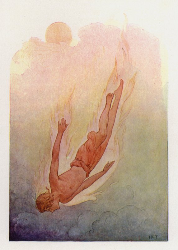 Fetonte con i capelli in fiamme che cade in un fiume fresco e profondo (litografia a colori) da Harry George Theaker