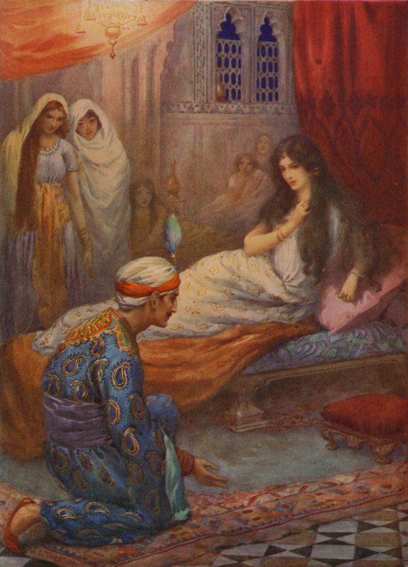 Il principe Feroze-Shah risveglia la bella principessa (litografia a colori) da Harry George Theaker