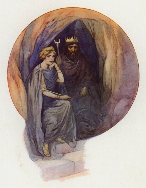 Proserpina seduta in lunghe vesti nere, su un grande trono nero con accanto il feroce re nero (litografia a colori) da Harry George Theaker