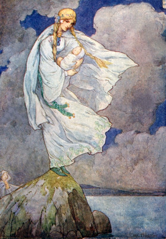Aveva portato il bambino su una grande roccia grigia (litografia a colori) da Harry George Theaker
