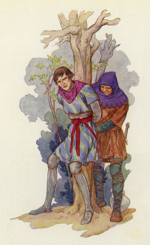 "Toglietegli quella pentola di ferro dalla testa", gridò Robin, "e legatelo a un albero" (litografia a colori). da Harry George Theaker