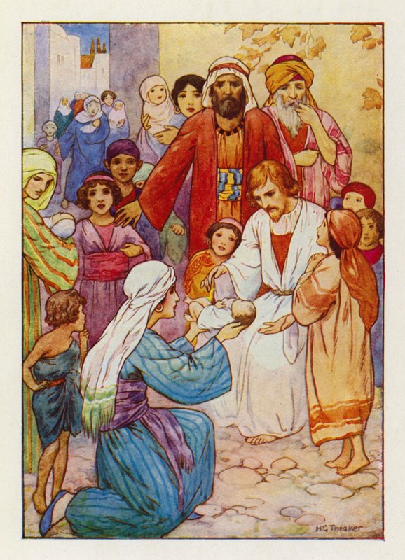 "Lasciate che i bambini piccoli vengano a Me" (litografia a colori) da Harry George Theaker