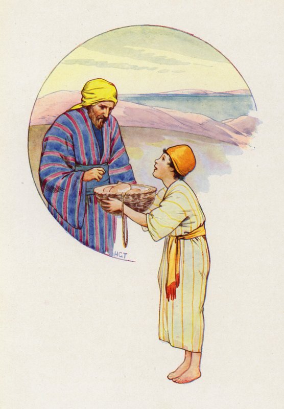 "Dite al Maestro che possa avere tutte queste cose", gridò il bambino (litografia a colori). da Harry George Theaker