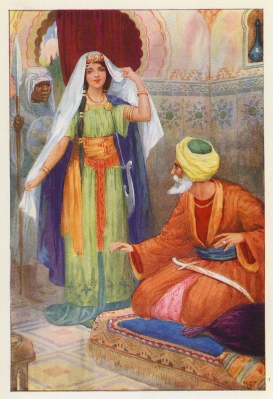 La bella prigioniera e Aben Habuz (litografia a colori) da Harry George Theaker