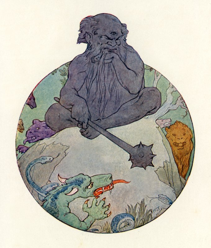 Il Grande Gigante Nero guarda Sir Gawaine (litografia a colori) da Harry George Theaker