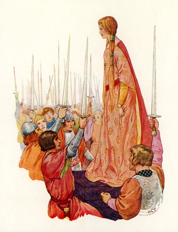 I cavalieri salutano la principessa Ginevra, loro futura regina (litografia a colori) da Harry George Theaker