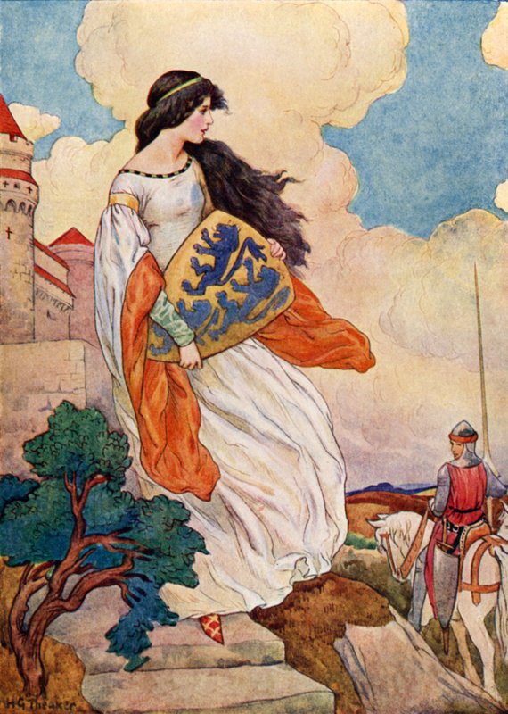 La principessa Iseult con lo scudo di Sir Tristram di Lyonesse (litografia a colori) da Harry George Theaker